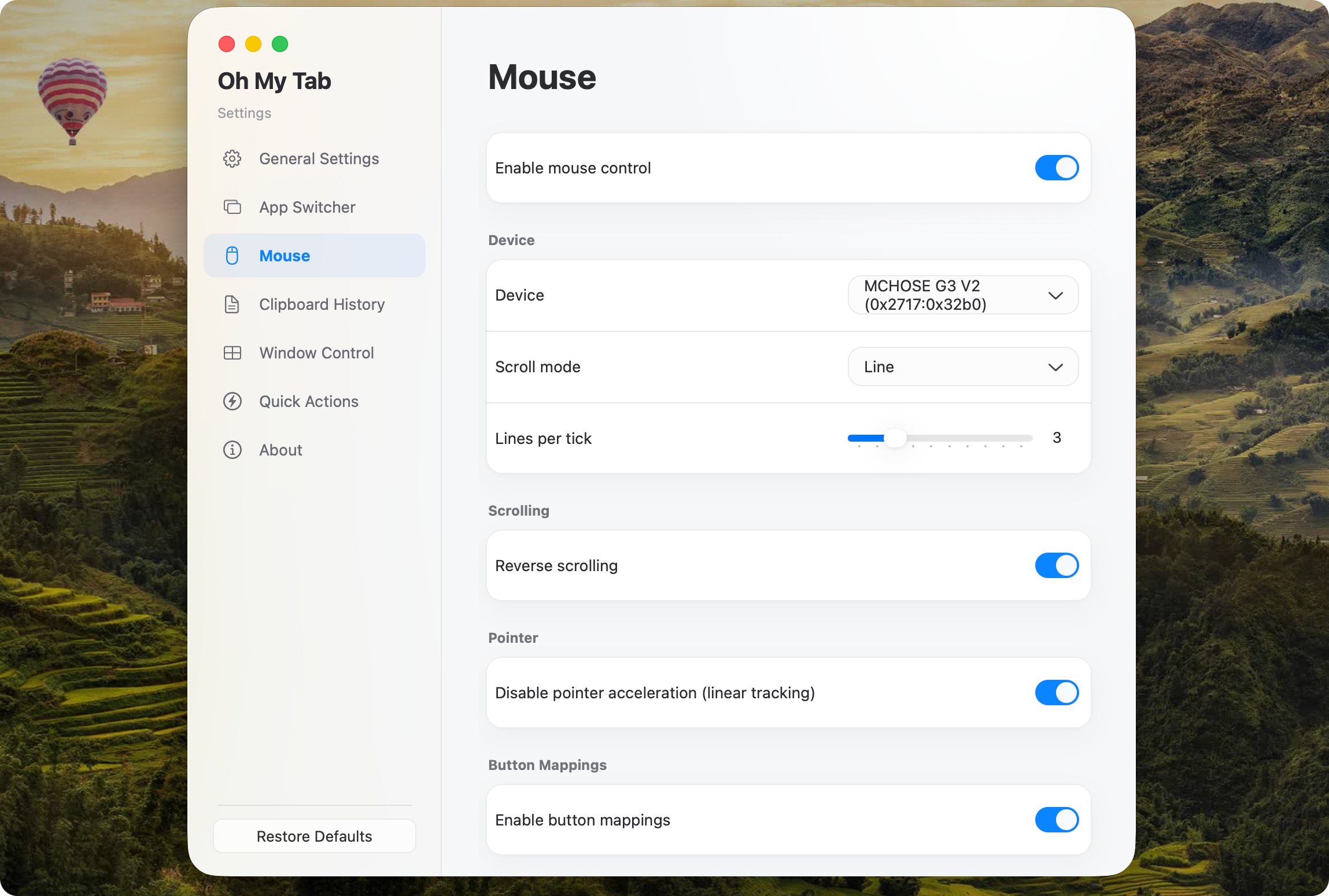 Oh My Tab mouse control settings