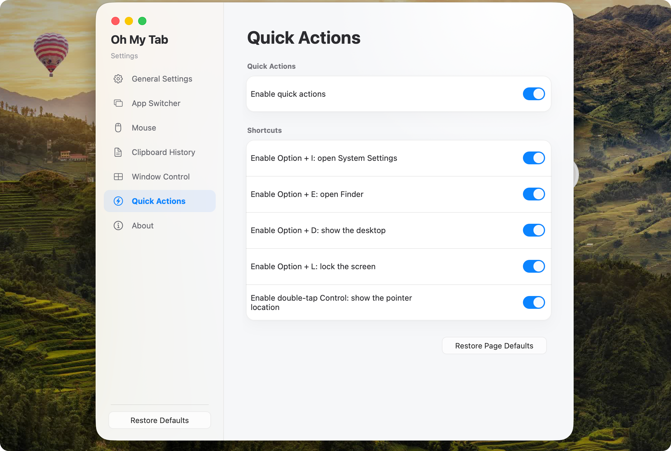 Oh My Tab window control and quick actions settings